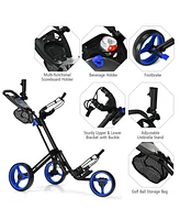 3 Wheel Folding Golf Push Cart with Brake Scoreboard Adjustable Handle