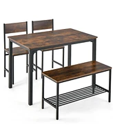 Costway 4pcs Dining Table Set Rustic Desk 2 Chairs & Bench with Storage Rack