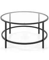 Costway 36'' Round Coffee Table Tempered Glass Tabletop Metal Frame Living Room