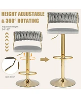 Swivel Velvet Bar Stools Set of 2 Upholstered Adjustable with Woven Backrest