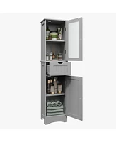 Costway Bathroom Tall Cabinet Freestanding Linen Tower with Doors & Drawer