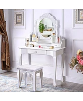 Costway White Vanity Wood Makeup Dressing Table Stool 3 Drawer