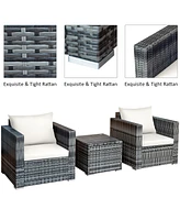 Costway 3 Pc Patio Rattan Furniture Bistro Set Cushioned Sofa Chair Table