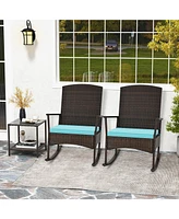 3 Piece Patio Rocking Set Wicker Rocking Chairs with 2-Tier Coffee Table