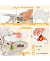 Costway Toddler High Chair with Wheel Folding Dining Chair Adjustable Height & Recline