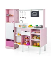 Costway 2-in-1 Kids Kitchen & Market with Realistic Light & Sound 82 Accessories Included