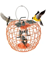 Costway Squirrel-Proof Pumpkin Bird Feeder with Cage 4 Metal Ports 4 Perches Drainage Hole