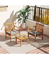 3 Pcs Patio Wood Furniture Set Acacia Wood Chairs & Coffee Table with soft Cushions