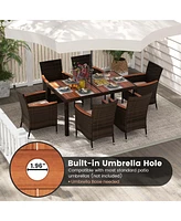 7 Pieces Outdoor Wicker Dining Set with Acacia Wood Table and 6 Stackable Chairs