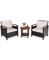 Costway 3PCS Patio Wicker Sofa Set Acacia Wood Frame