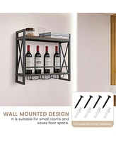 Costway Wall Mounted Wine Rack Industrial 2-Tier Wood Shelf with 3 Stem Glass Holders