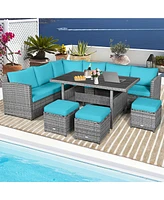 Gymax 7PCS Rattan Patio Sectional Sofa Set Conversation Set w/ Turquoise Cushions
