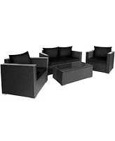 Gymax 8PCS Rattan Patio Conversation Set Outdoor Furniture Set w/ Black Cushions