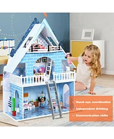 Wooden Dollhouse 3-Story Pretend Playset W/ Furniture & Doll Gift for Age 3+ Year