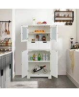 Costway Bathroom Floor Storage Cabinet Kitchen Cupboard with 2 Drawers & Glass Doors