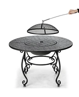 35.5'' Patio Fire Pit Dining Table Charcoal Wood Burning W/ Cooking Bbq Grate