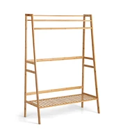 Costway 2-Tier Bamboo Garment Rack Clothing Storage Organizer Coat Hanger w/ Rod & Hooks