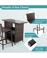 Patio 3PCS Wicker Bar Set Height Table Two Stools with 3 Rows Stemware Racks Garden