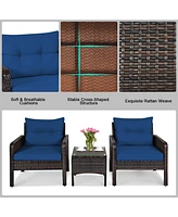 Gymax 3PCS Rattan Patio Conversation Furniture Set Yard Outdoor w/ Navy Cushions