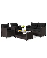 Gymax 4PCS Outdoor Conversation Set Patio Pe Rattan w/ Glass Table & Sofa Cushions