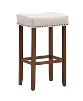 Costway Set of 2 Nailhead Saddle Bar linen Stools 29.5'' Height W/ Fabric Seat & Wood Legs