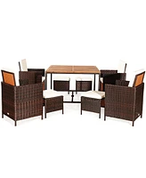 Costway 9PCS Patio Rattan Dining Set Cushioned Chairs Ottoman Wood Table Top