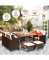 Costway 9PCS Patio Rattan Dining Set Cushioned Chairs Ottoman Wood Table Top