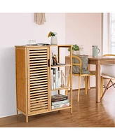Costway Bathroom Cabinet Bamboo Storage Floor Cabinet w/ Single Door & 3 Open Shelves