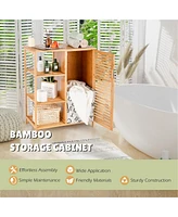 Costway Bathroom Cabinet Bamboo Storage Floor Cabinet w/ Single Door & 3 Open Shelves