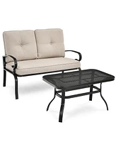 Costway 2PCS Patio Loveseat Bench Table Furniture Set Cushioned Chair