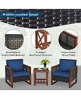 3PCS Patio Wicker Furniture Set Solid Wood Frame Cushion Sofa w/ Square Table Shelf
