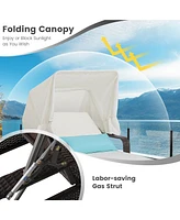 2PCS Patio Rattan Lounge Chair Chaise with Side Table Folding Canopy Cushion Pillow