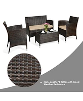 Sugift 4 Pieces Comfortable Outdoor Rattan Sofa Set with Glass Coffee Table