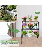 3-Tier Metal Plant Stand with Widened Grid Shelf for Porch Garden