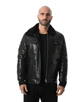 Furniq Uk Men's Black Leather Bomber Jacket, Crocodile Emboss