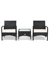 Gymax 3 Pcs Patio Wicker Rattan Furniture Set Coffee Table & 2 Rattan Chair W/Cushion