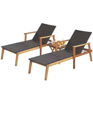 Gymax 3PCS Outdoor Chaise Lounge Set Patio Yard w/ Side Table Adjustable Backrest