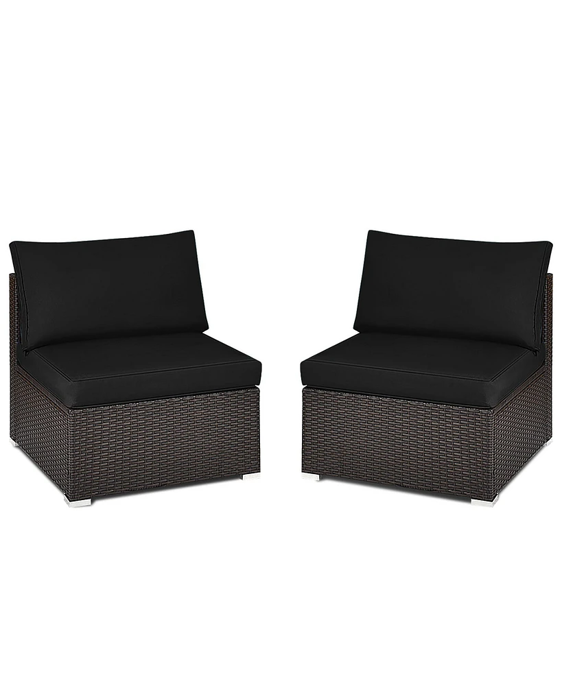 Gymax 2PCS Patio Sectional Armless Sofas Outdoor Rattan Furniture Set w/ Cushions Black