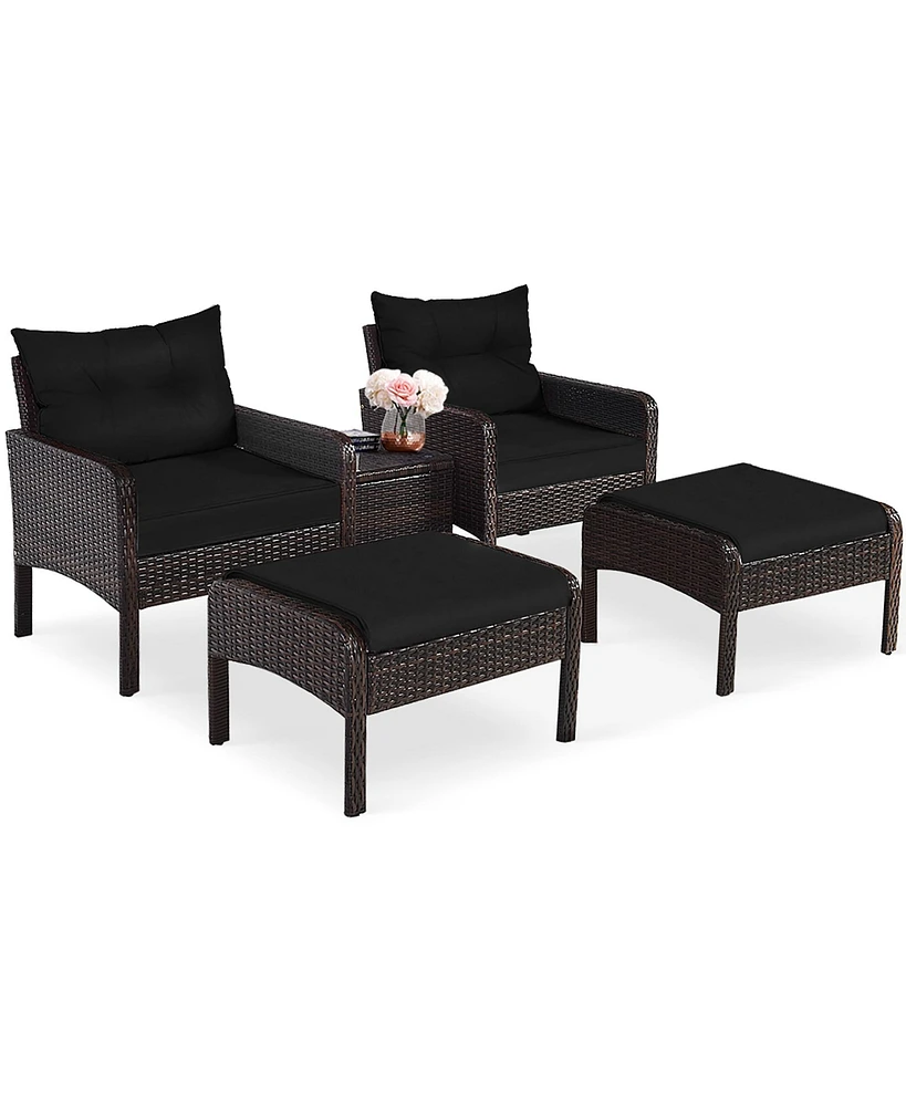 Gymax 5PCS Patio Set Sectional Rattan Wicker Furniture Set w/ Black Cushion