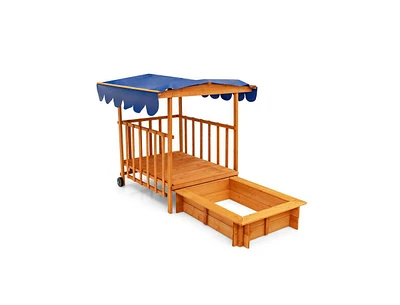 Slickblue Kids Outdoor Wooden Retractable Sandbox with Cover and Built-in Wheels-Natural