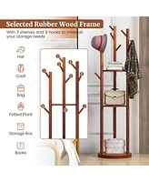 Costway Freestanding Wooden Coat Tree 360° Rotary Coat Rack with 3 Display Storage Shelves