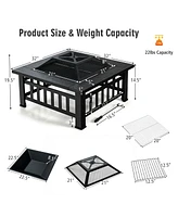 Gymax 32'' 3 in 1 Outdoor Square Fire Pit Table W/ Bbq Grill Rain Cover for Camping