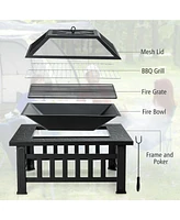 Gymax 32'' 3 in 1 Outdoor Square Fire Pit Table W/ Bbq Grill Rain Cover for Camping