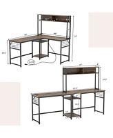 Costway L-shaped Desk with Power Outlet Large Corner Converts to 2-Person Long Rustic