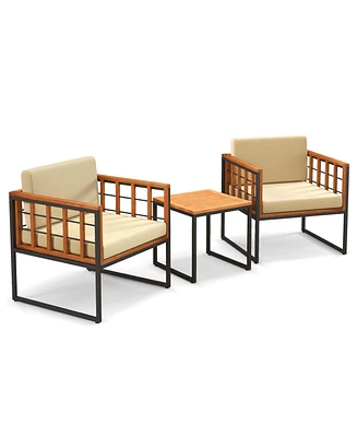 Costway 3 Pcs Patio Chair Set Acacia Wood Sofa Set with Metal Support Soft Seat Cushions