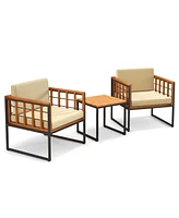 Costway 3 Pcs Patio Chair Set Acacia Wood Sofa Set with Metal Support Soft Seat Cushions