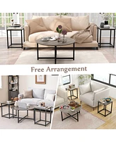 Costway 3 Pcs Coffee Table Set Round Coffee Table and 2 Pcs Square End Tables Metal Frame