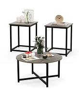 Costway 3 Pcs Coffee Table Set Round Coffee Table and 2 Pcs Square End Tables Metal Frame