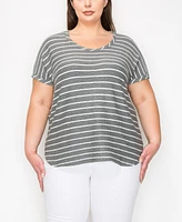 Coin 1804 Plus Pointelle Stripe Dolman Short Sleeve Top