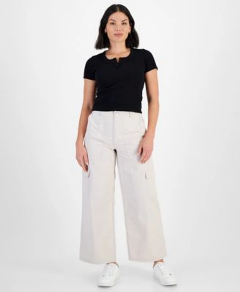 Calvin Klein Jeans Petite Notched Neck Ribbed Knit Top High Rise Wide Leg Cargo Pants